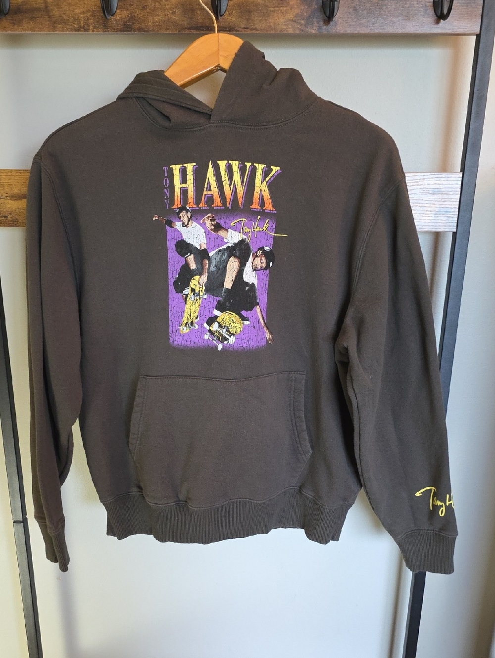 Tony Hawk Brown Hoodie with Purple and Yellow Skate Graphic